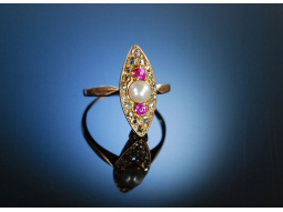 Historischer Ring Rot Gold 585 Diamanten Rubine Perle...