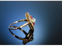 Historischer Ring Rot Gold 585 Diamanten Rubine Perle...