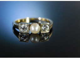 M&uuml;nchen um 1915! Ring Gold Altschliff Diamanten 0,4 ct Natur Perle