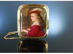 Um 1880! Gro&szlig;e Brosche mit Porzellan Miniatur Gold 333 Dame am Spinett