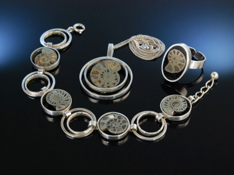 Sixties! Stylishes Schmuckset 4 teilig Silber Ammoniten Köln um 1960
