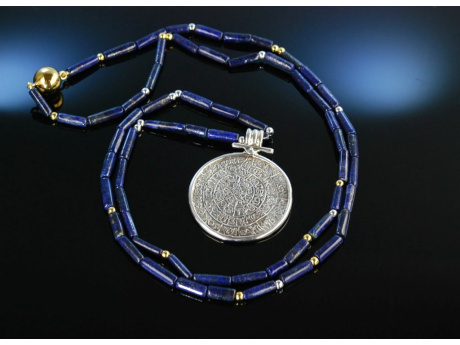 Hieroglyphen! Lange Kette mit Anh&auml;nger Lapislazuli Silber vergoldet um 1980