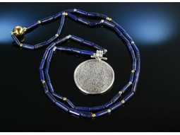 Hieroglyphen! Lange Kette mit Anh&auml;nger Lapislazuli Silber vergoldet um 1980