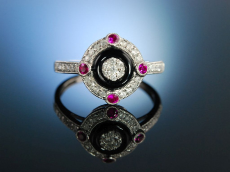 Art Deco Stil! Ring Weiß Gold 750 Onyx Rubine Diamanten