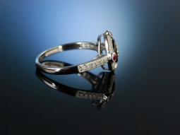 Art Deco Stil! Ring Wei&szlig; Gold 750 Onyx Rubine Diamanten