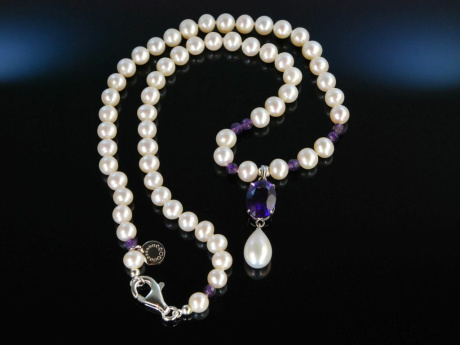 Feines Collier! Zuchtperlen Kette mit Amethyst Silber 925