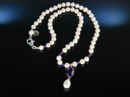 Feines Collier! Zuchtperlen Kette mit Amethyst Silber 925