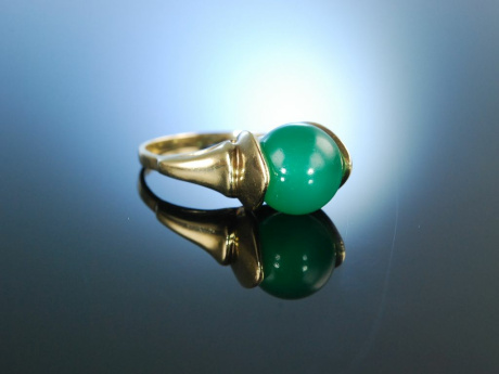 Kugelige Sixties! Vintage Ring Gr&uuml;n Achat Gold 333