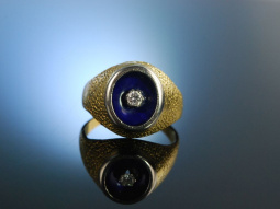 Um 1960! Sch&ouml;ner Ring Gold 750 Brillant &uuml;ber blauem Email