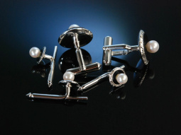 Cufflinks and Studs! Set: Manschettenkn&ouml;pfe und Hemdkn&ouml;pfe Silber Zuchtperlen Onyx England um 1960