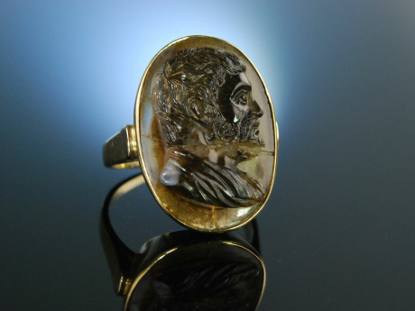 Historische Achat Kamee um 1600! Ring Gold 585 mit geschnittenem M&auml;nner Profil Portr&auml;tkopf