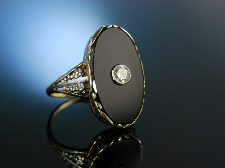 Eleganz um 1920! Ring Gold 585 Onyx Brillant 0,15 ct