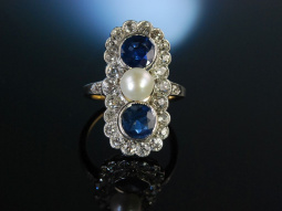 Traum um 1900! Kostbarer Ring Gold 585 Saphire Diamanten 2,2 ct Naturperle