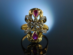 Aparter Cocktail Ring um 1910 Gold 750 Rubine Diamant Rosen