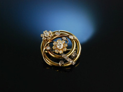 Glitzernde Bl&uuml;ten! Historische Brosche um 1890 Gold 585 Diamanten ca. 1 ct