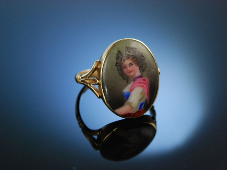 Charming! Antiker Ring Porzellan Miniatur Gold 750 Schweiz um 1850