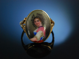 Charming! Antiker Ring Porzellan Miniatur Gold 750...
