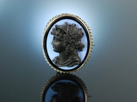 Black cameo! Brosche Glasfluss Kamee England um 1890 versilbert Gemmenbrosche