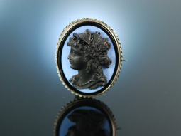 Black cameo! Brosche Glasfluss Kamee England um 1890 versilbert Gemmenbrosche