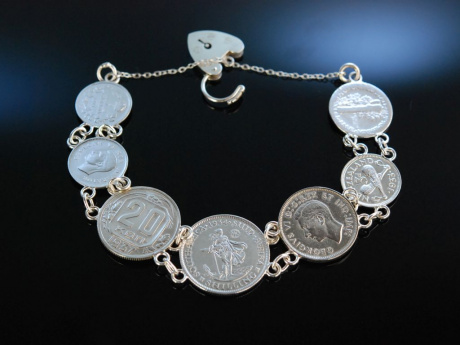 Historische Münzen! Armband Silber England um 1940 Heart Padlock Münzarmband