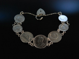 Historische M&uuml;nzen! Armband Silber England um 1940 Heart Padlock M&uuml;nzarmband