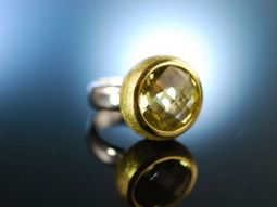 Frisches Gr&uuml;n! Massiver Ring satiniertes Silber 925 vergoldet Lemon Citrin Schachbrettschliff