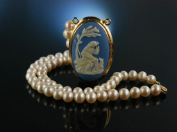 Wedgwood Blue Jasper! Collier Zuchtperlen Gold 585 Porzellan Kamee England um 1995