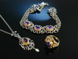 Wiessee um 1950! Trachten Schmuck Set Silber vergoldet Amethyst Kette Armband und Ring