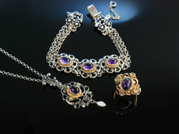 Wiessee um 1950! Trachten Schmuck Set Silber vergoldet Amethyst Kette Armband und Ring