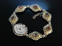 Uhr zur Tracht! Damen Armbanduhr Silber 835 vergoldet Granate &Ouml;sterreich um 1950 frisch revisioniert