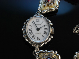 Uhr zur Tracht! Damen Armbanduhr Silber 835 vergoldet Granate &Ouml;sterreich um 1950 frisch revisioniert