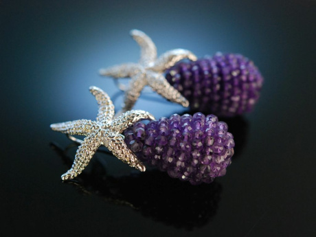 Violet Sea Stars! Gro&szlig;e Seestern Ohrringe Silber 925 Amethyste