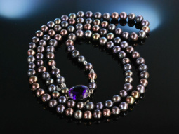 Shiny Pearls! Lange Zuchtperlenkette mit gro&szlig;er Zierschlie&szlig;e Silber 925 Amethyst