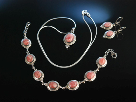 Ros&eacute; zur Tracht! Schmuck Set Silber 925 Armband Ohrringe Anh&auml;nger mit Kette Rhodochrosit