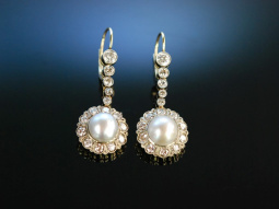 Natural Pearls! Historische Ohrringe Gold 585 Orient Perlen Diamanten 2,8 Karat um 1900