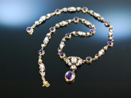 Georgian Diamond and Amethyst! Traumhaftes Collier England um 1800 Gold Diamantrosen Amethyste