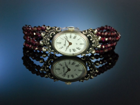 Die Uhr zur Tracht! Armbanduhr Granate Silber 835 Quarz Werk