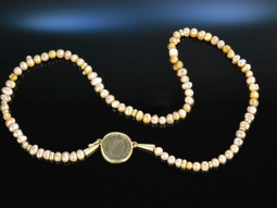 Antique Coin Necklace! Goldschmiede Kette goldene Keshi Perlen antike M&uuml;nze Gold 750