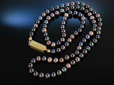Pearl Necklace! Naturschwarze lange Akoya Zuchtperlen Kette Gold 750