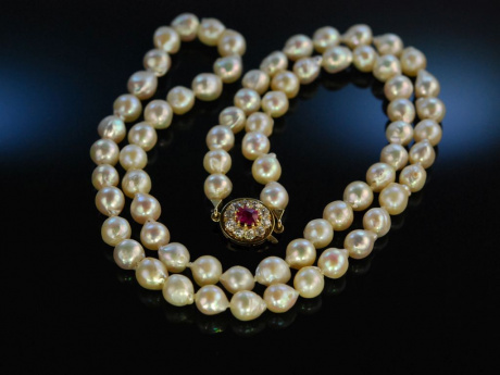 Barocker Schimmer! Zucht Perlen Kette um 1920  Gold 585 Rubin Diamanten 0,7 ct
