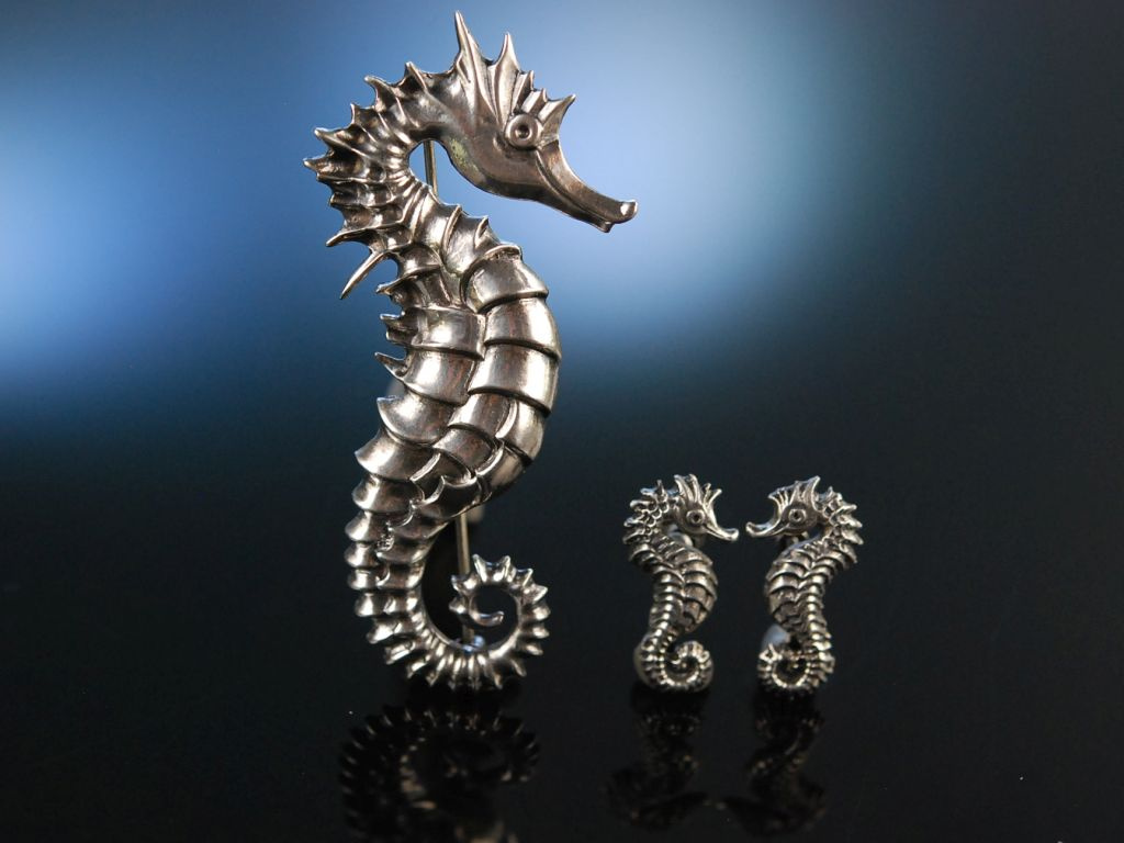 Art Deco Seahorse! Seepferdchen Brosche und Ohr Schrauben Silber 925 ,  299,00 €