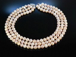 Kennedy Style! Fantastisches Zuchtperlen Collier ros&eacute; 3 reihig Gold 585 Pearl Necklace