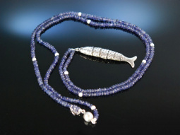 Blue Fish! Lange Boho Kette Iolith Silber 835 mit beweglichem Fisch Anh&auml;nger