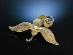Sch&ouml;ne Orchidee! Brosche Fahrner um 1930 Silber vergoldet Perle und Markasiten