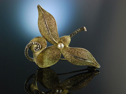 Sch&ouml;ne Orchidee! Brosche Fahrner um 1930 Silber vergoldet Perle und Markasiten