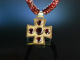 Zur Tracht! Fantastische Granat Kette mit Kreuz Anh&auml;nger Gold 585 Silber vergoldet