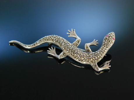 Big Salamander! Gro&szlig;e Brosche Silber 835 Synth. Rubine Markasiten um 1910 Silver Ruby Brooch