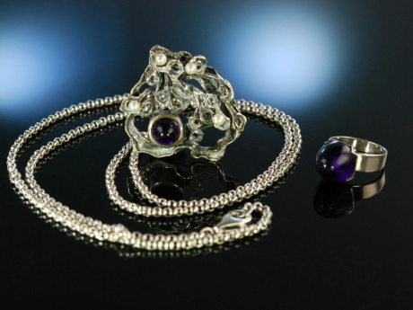 Coole Sixties! Anh&auml;nger mit Kette und Ring Silber 835 Amethyst Perlen Bartel &amp; Sohn um 1965