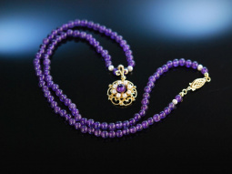 M&uuml;nchen um 1995! Amethyst Kette Collier Gold 585 Zucht Perlen Necklace