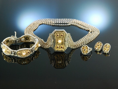 Vom Tegernsee um 1980! Trachtenschmuck Set aus Kropfkette Armband Ohrclipsen Ring Silber vergoldet Granat